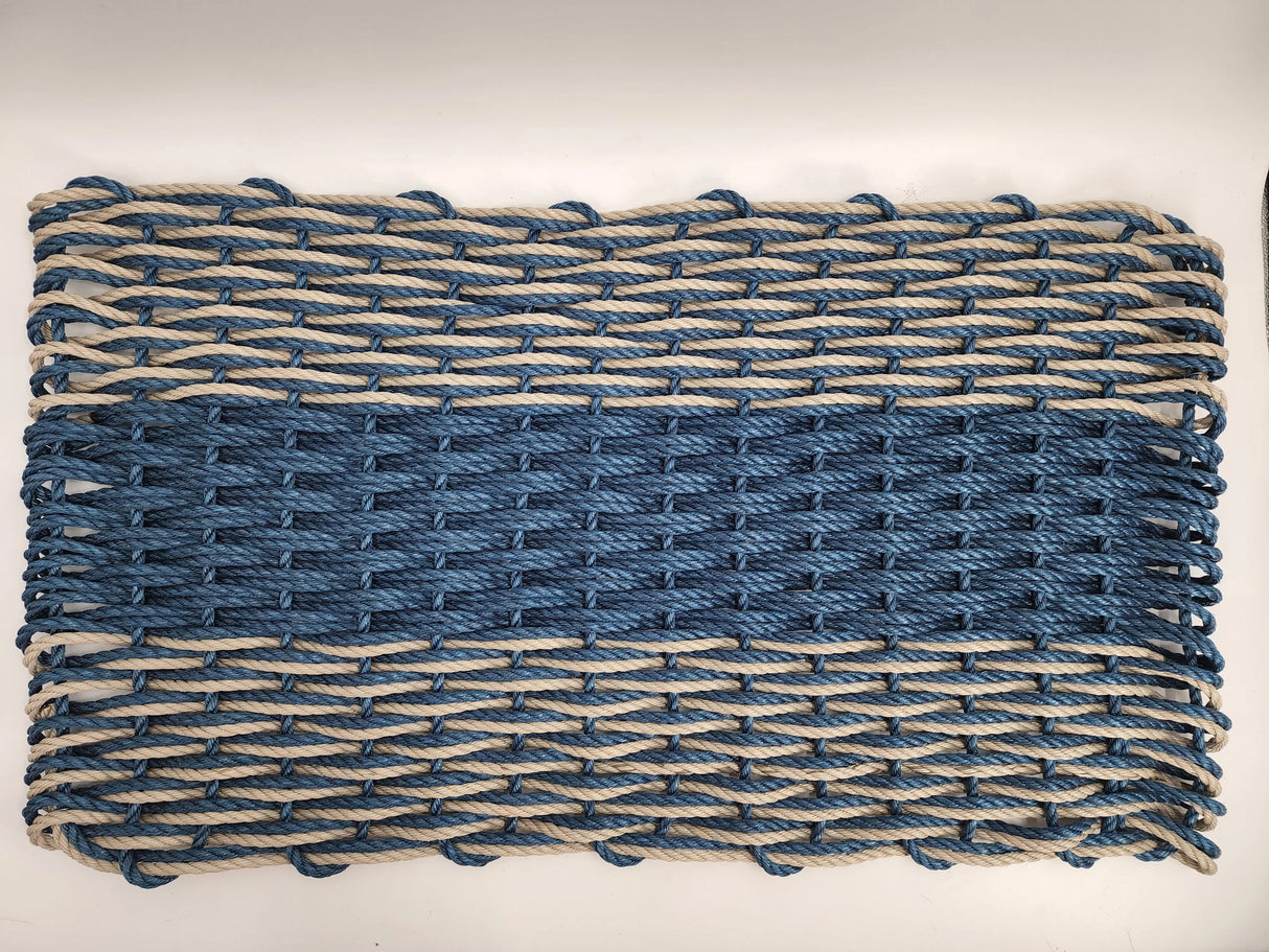 Large Navy Blue and Tan Lobster Rope Mat made with Lobster Rope, Double Weave, Vibrant, Long Lasting Durable