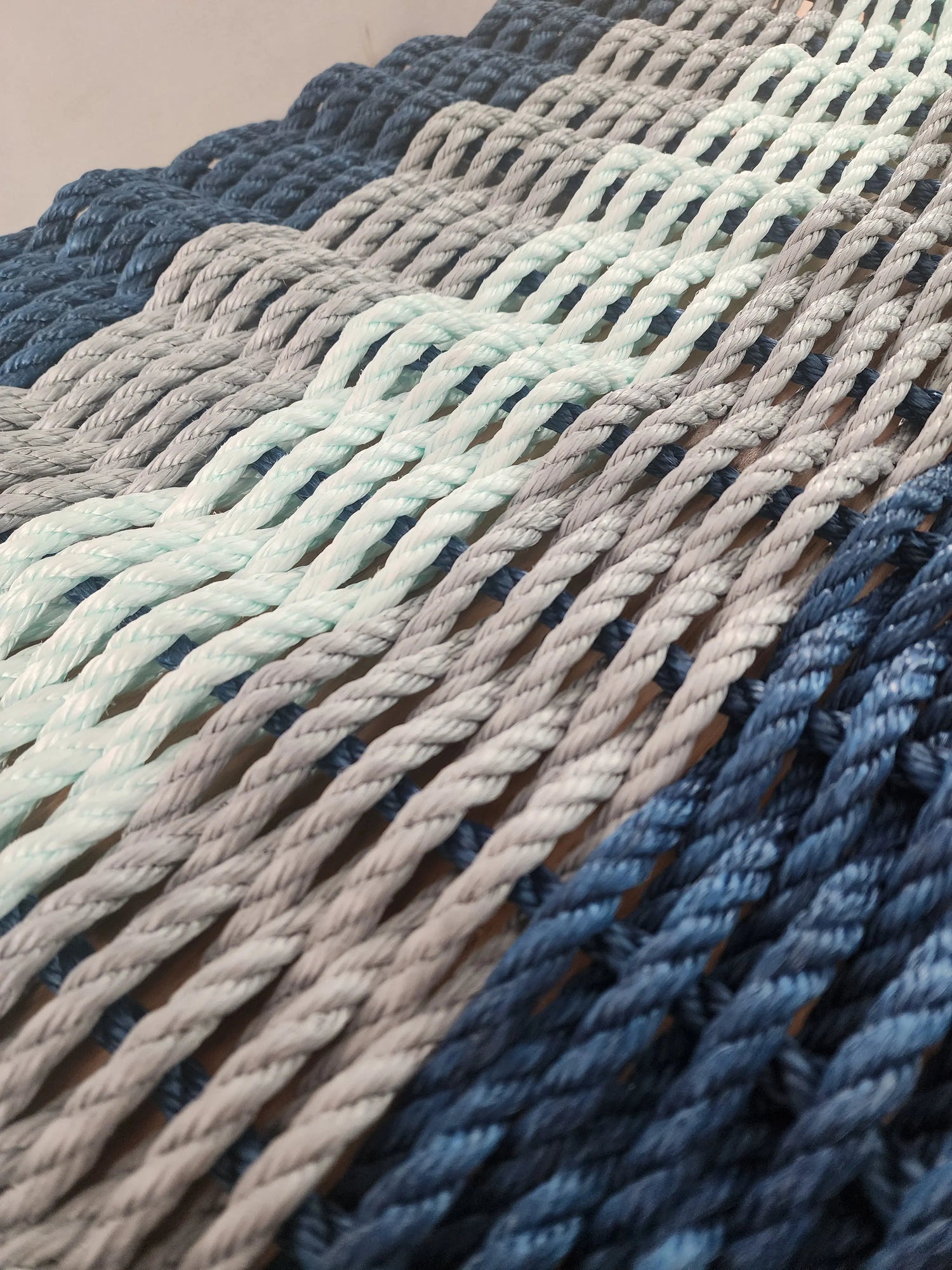 Five Stripe Rope Mat made with Lobster Rope Navy, Light gray and seafo ...