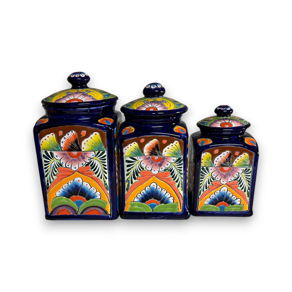 Cobalt Blue Talavera Canister Trio | Mexican Hand-Painted Storage