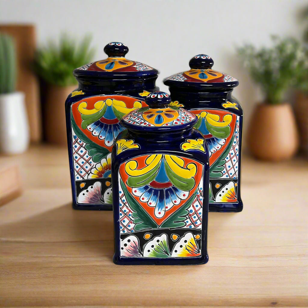 Cobalt Blue Talavera Canister Trio | Mexican Hand-Painted Storage