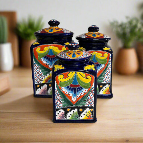 Cobalt Blue Talavera Canister Trio | Mexican Hand-Painted Storage