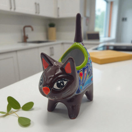 Colorful Talavera Cat Planter | Mexican Ceramic Art