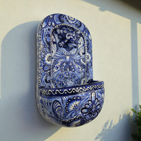 Blue & White Talavera Wall Fountain | Handcrafted Mexican Ceramic