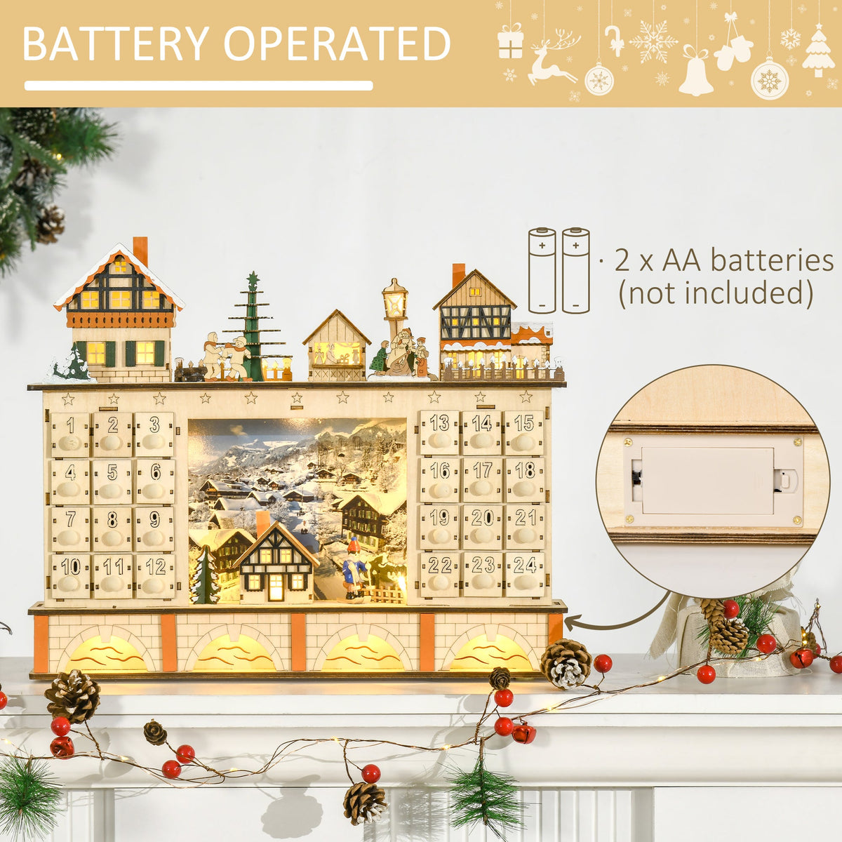 Light Up Table Xmas Wooden Store Holiday Decoration,Christmas Advent Calendar with Countdown Drawer, Village