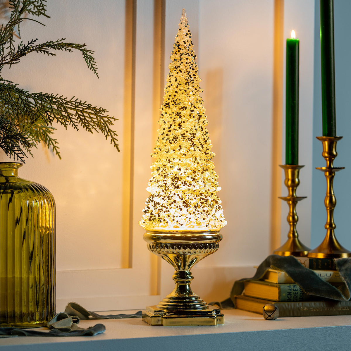 Shades of Emerald LED Table Decor Glitter Tree Spinning Acrylic Lanter ...