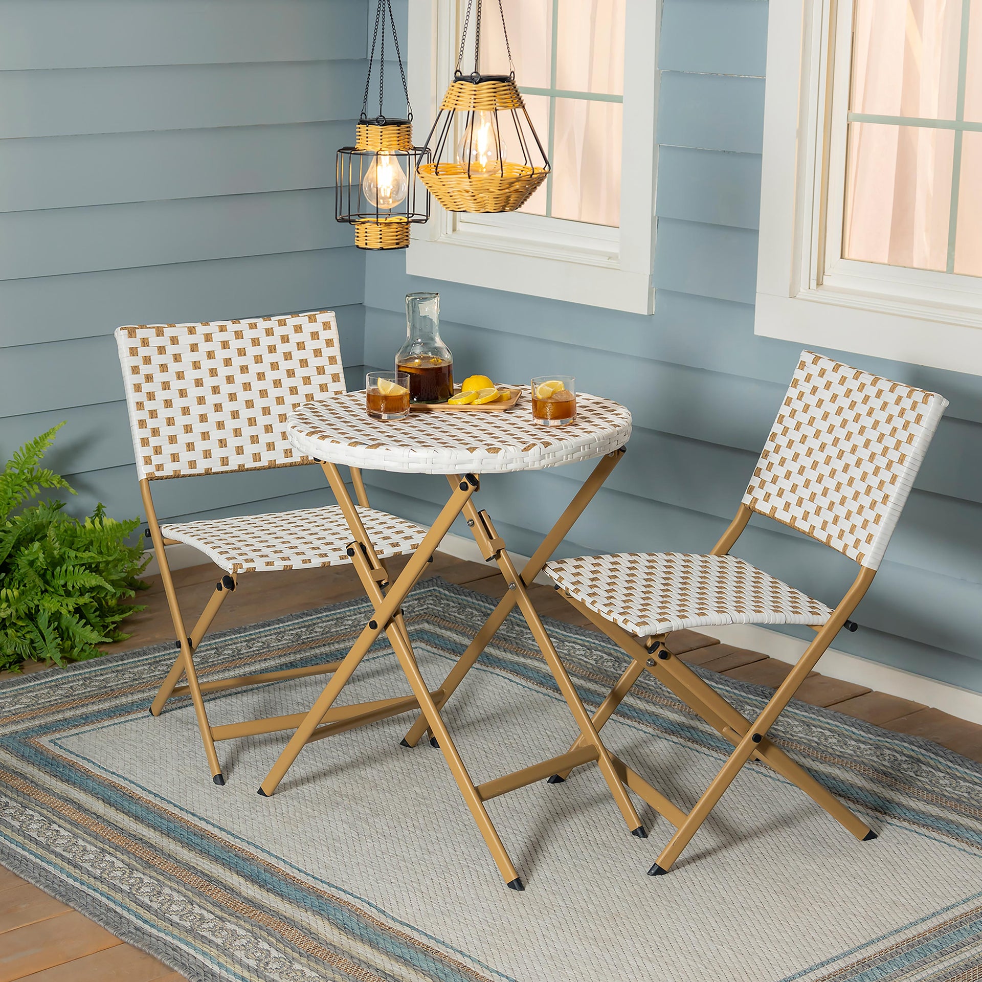 Outdoor Bistro Set 3pc Table And Chair Set Folding Wicker 3-Piece