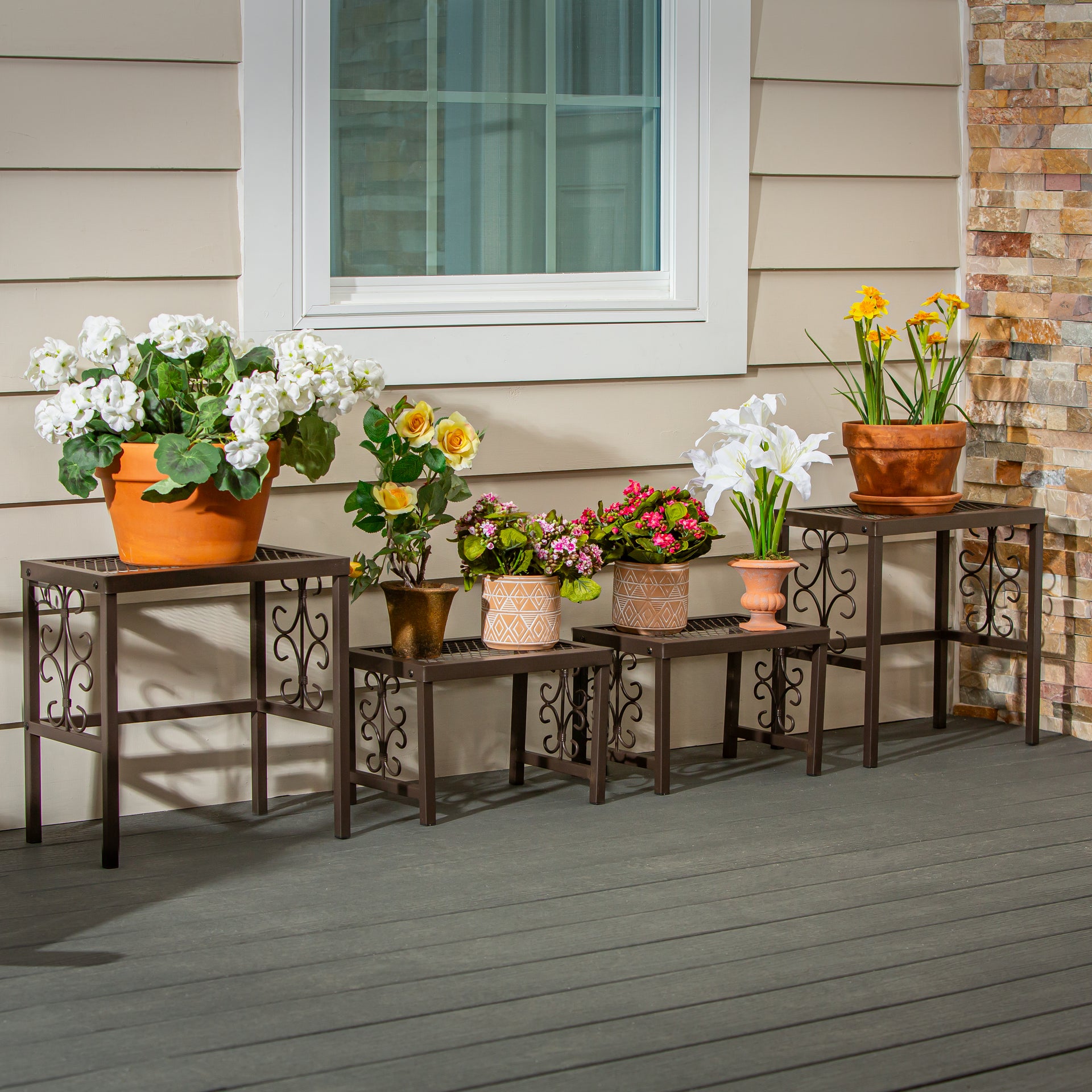 Evergreen 18 in. x 12 in. x 8 in. Indoor/Outdoor Brown Metal Montebello Plant Stand, Set of 4
