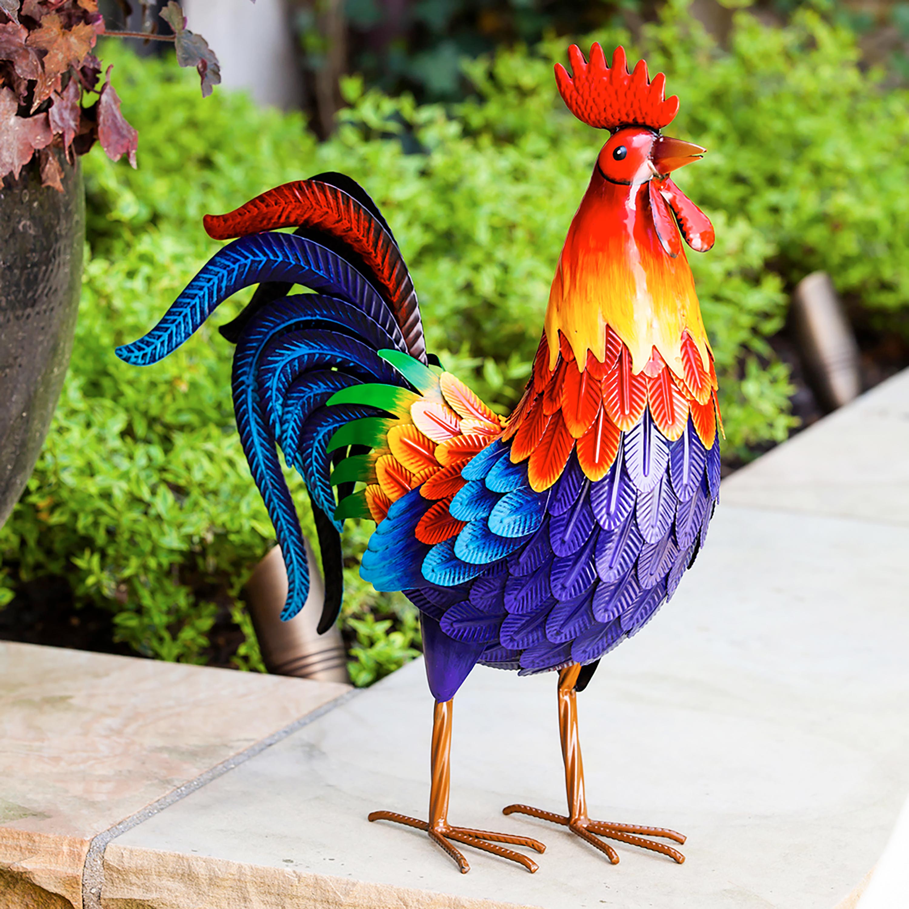 Colorful Metal Rooster Garden Statue – Plow & Hearth