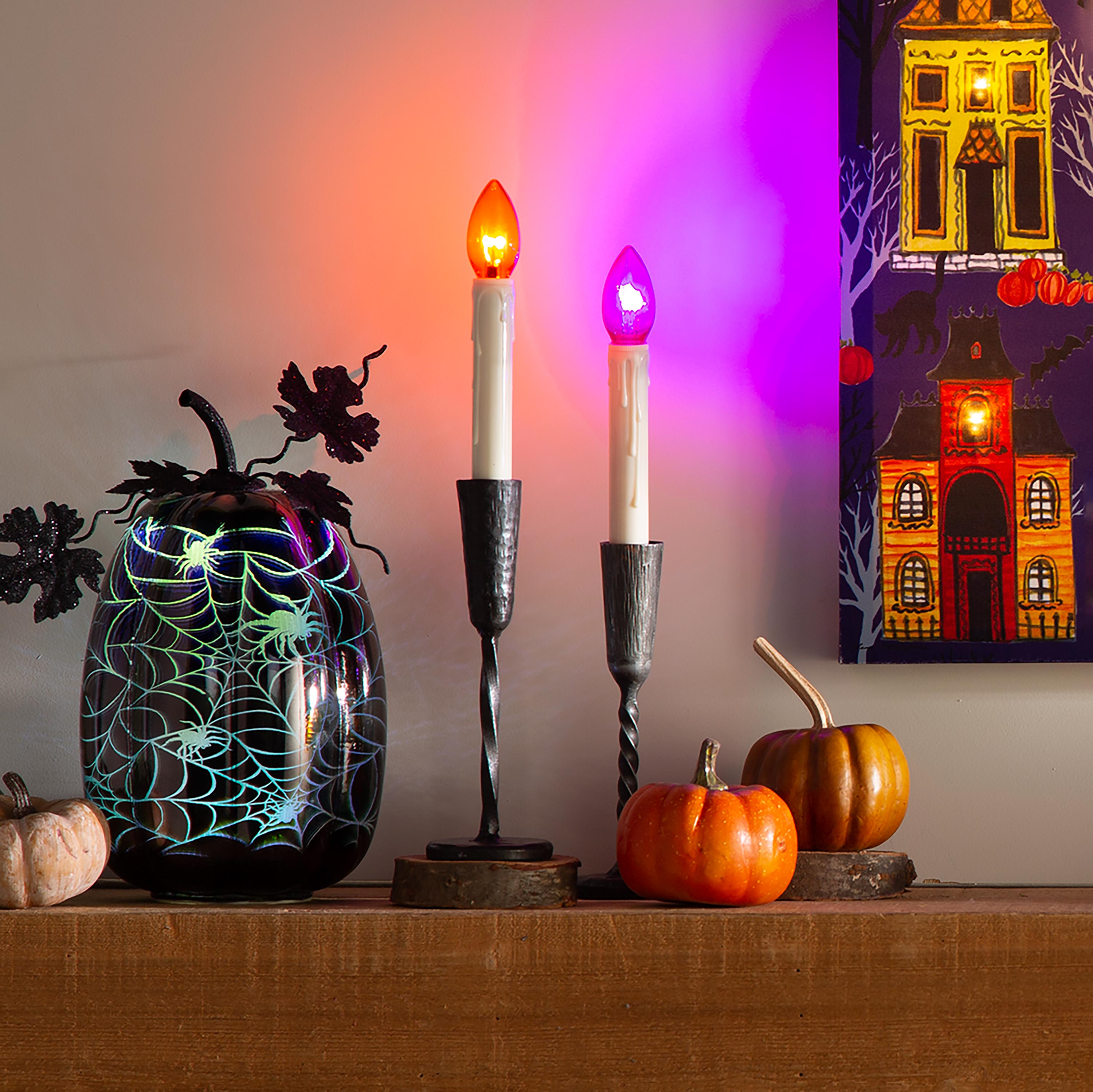 Mercury Glass Lighted Pumpkin Halloween Accent, Blue Spider Web