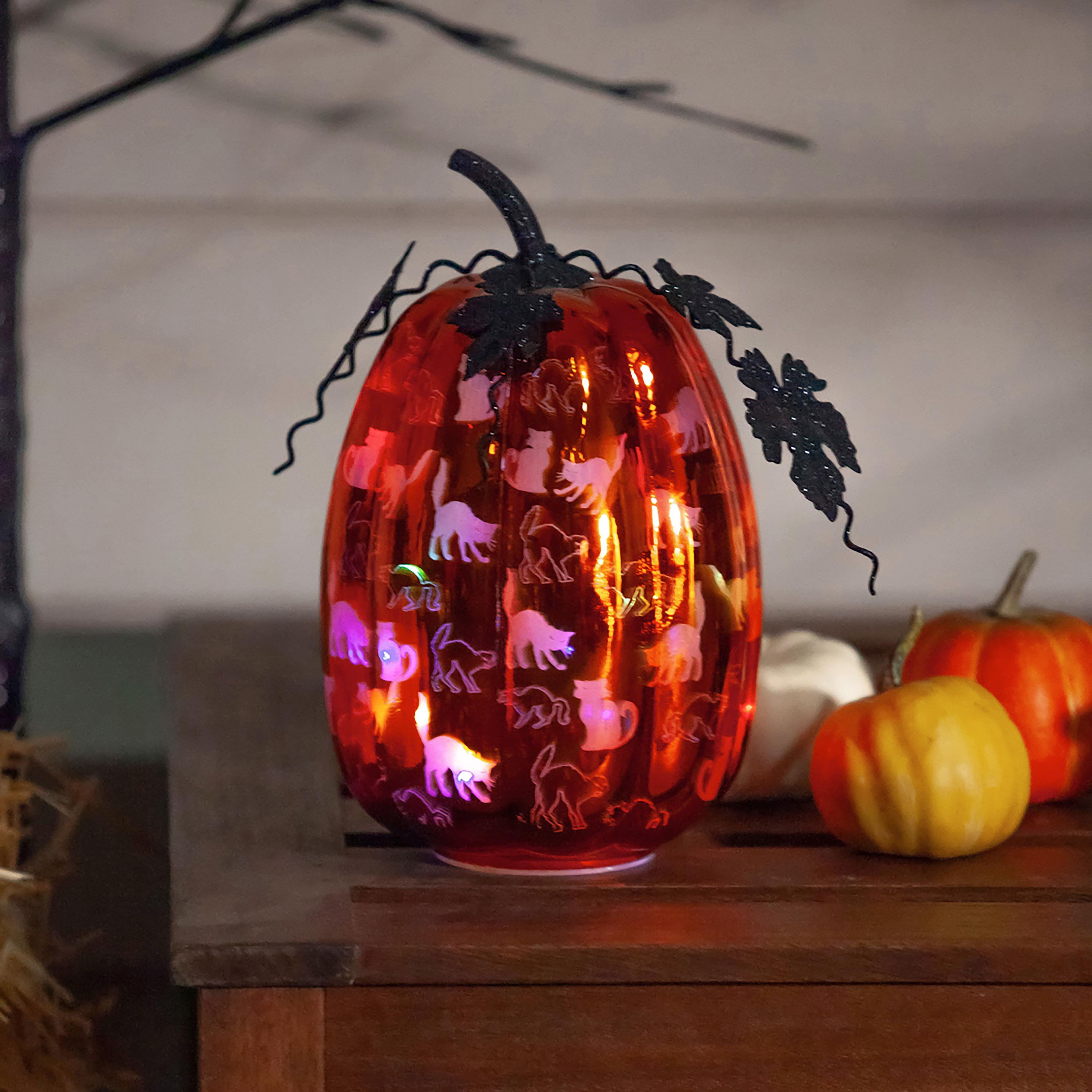 Mercury Glass Lighted Orange Pumpkin with Cats Plow Hearth