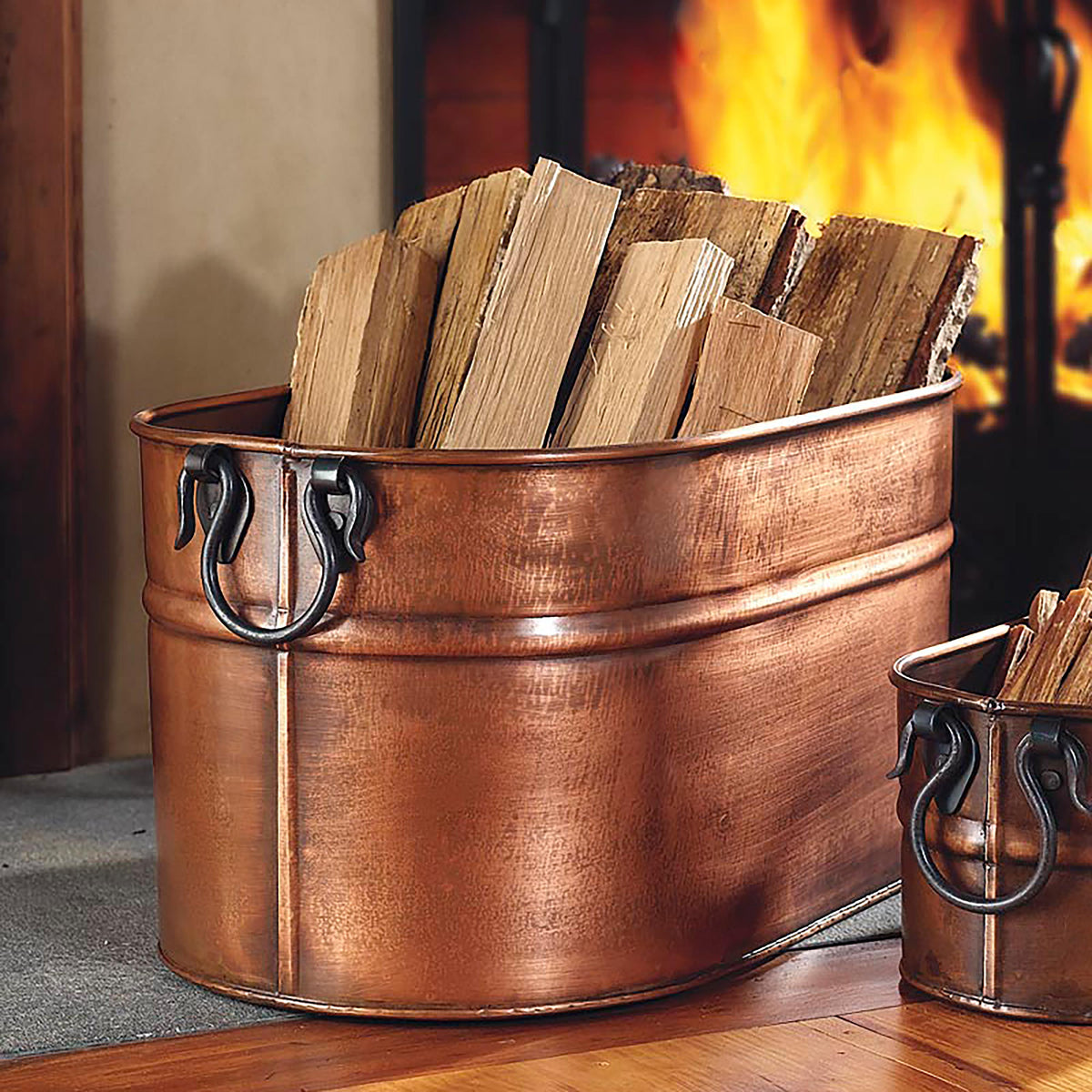 Large Copper Firewood Bucket w/ Copper Finish, Plow & Hearth