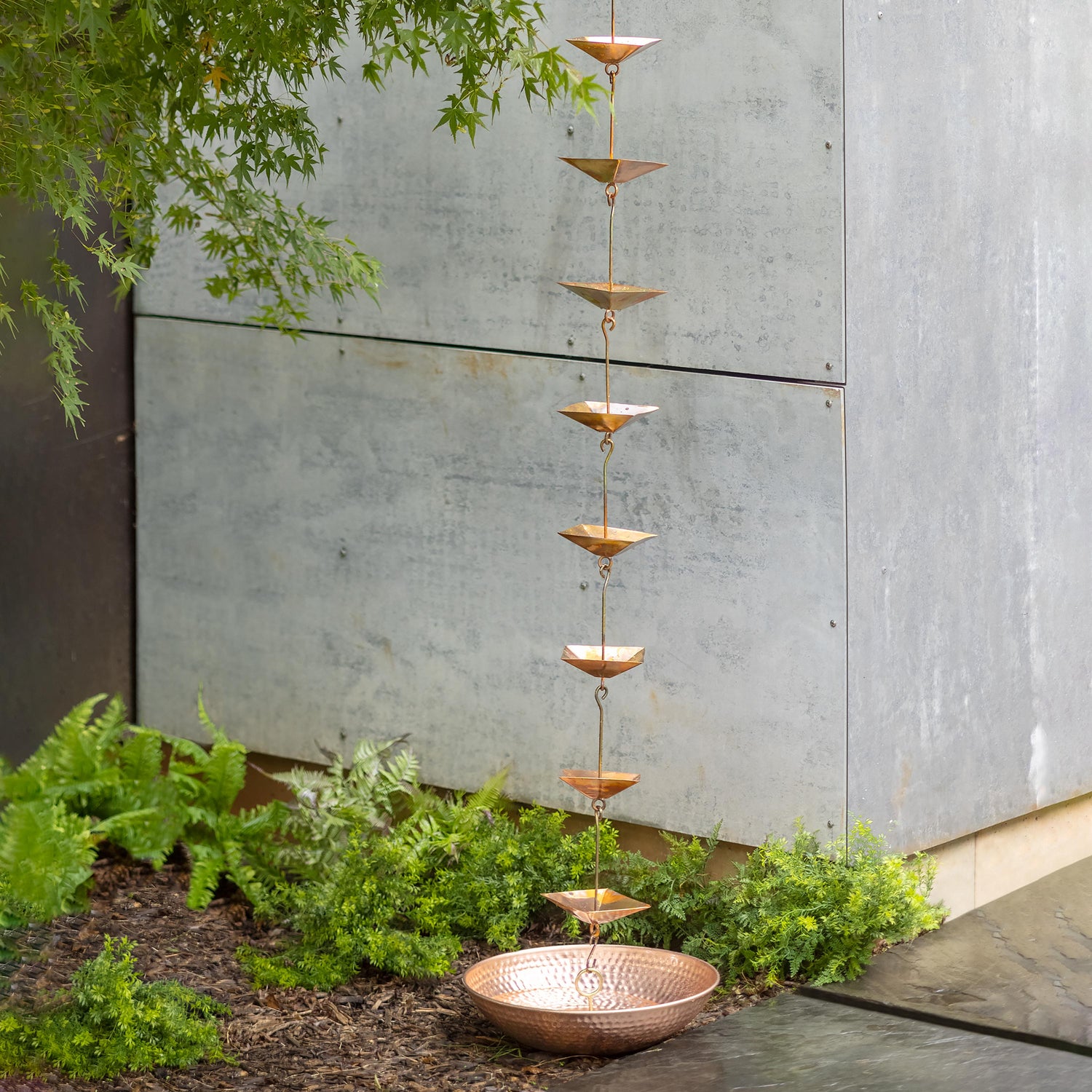 hanging rain gutter planter Hammered Iron Rain Chain Basin