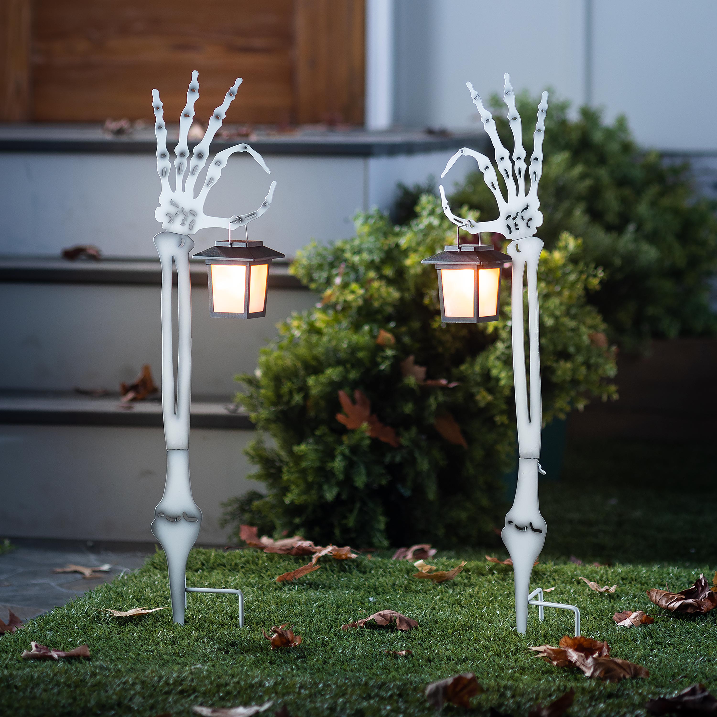 Halloween Skeleton Arm Metal Stakes with Solar Lanterns, Set of 2