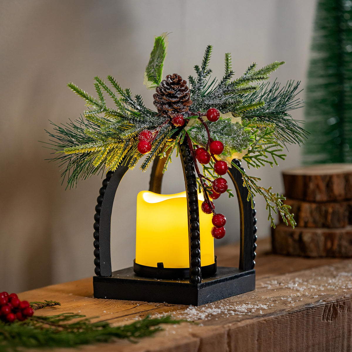 Winter Grove Faux Floral Table Decor Artificial with LED Lantern 