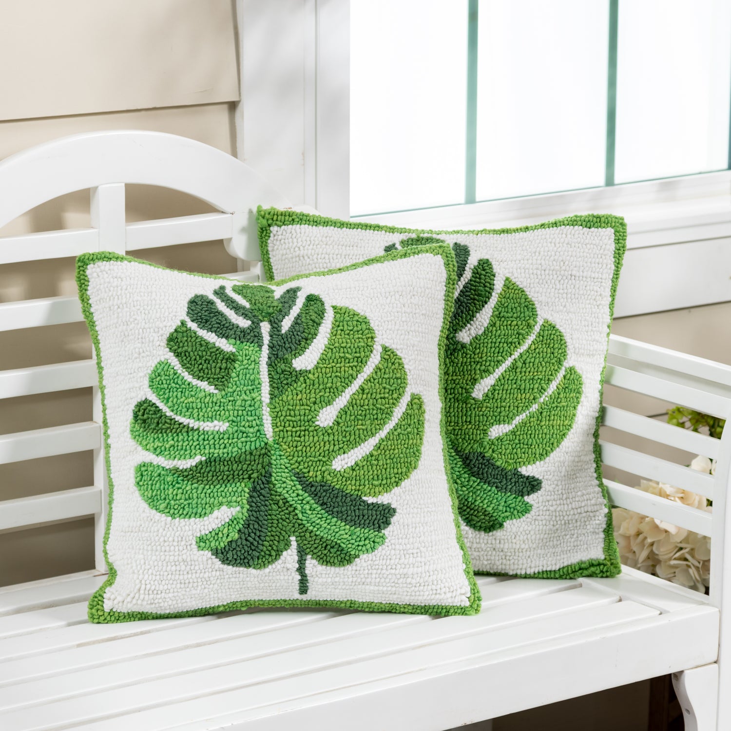 monstera plant pillow Monstera Leaf Indoor/Outdoor Hooked Pillow 18"x18" – Plow & Hearth