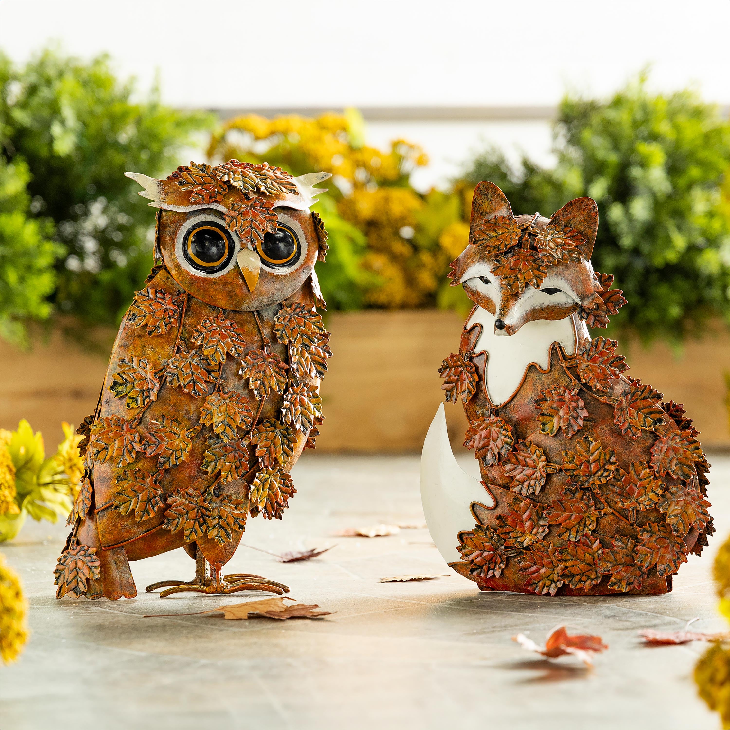 Handcrafted Metal Fox Sculpture Draped in Fall Leaves – Plow & Hearth