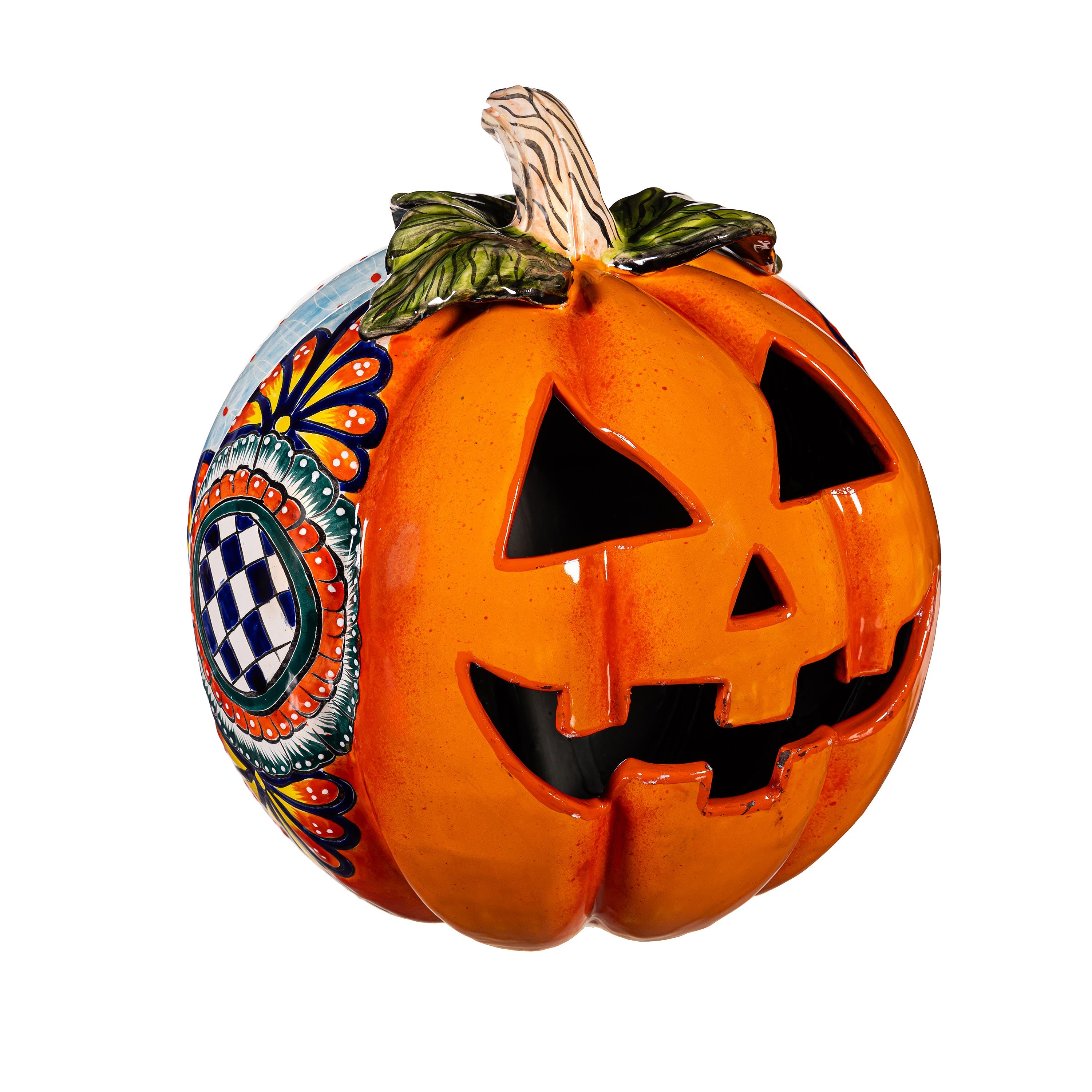 Checkered Flower Large Ceramic Talavera Harvest Pumpkin, Large