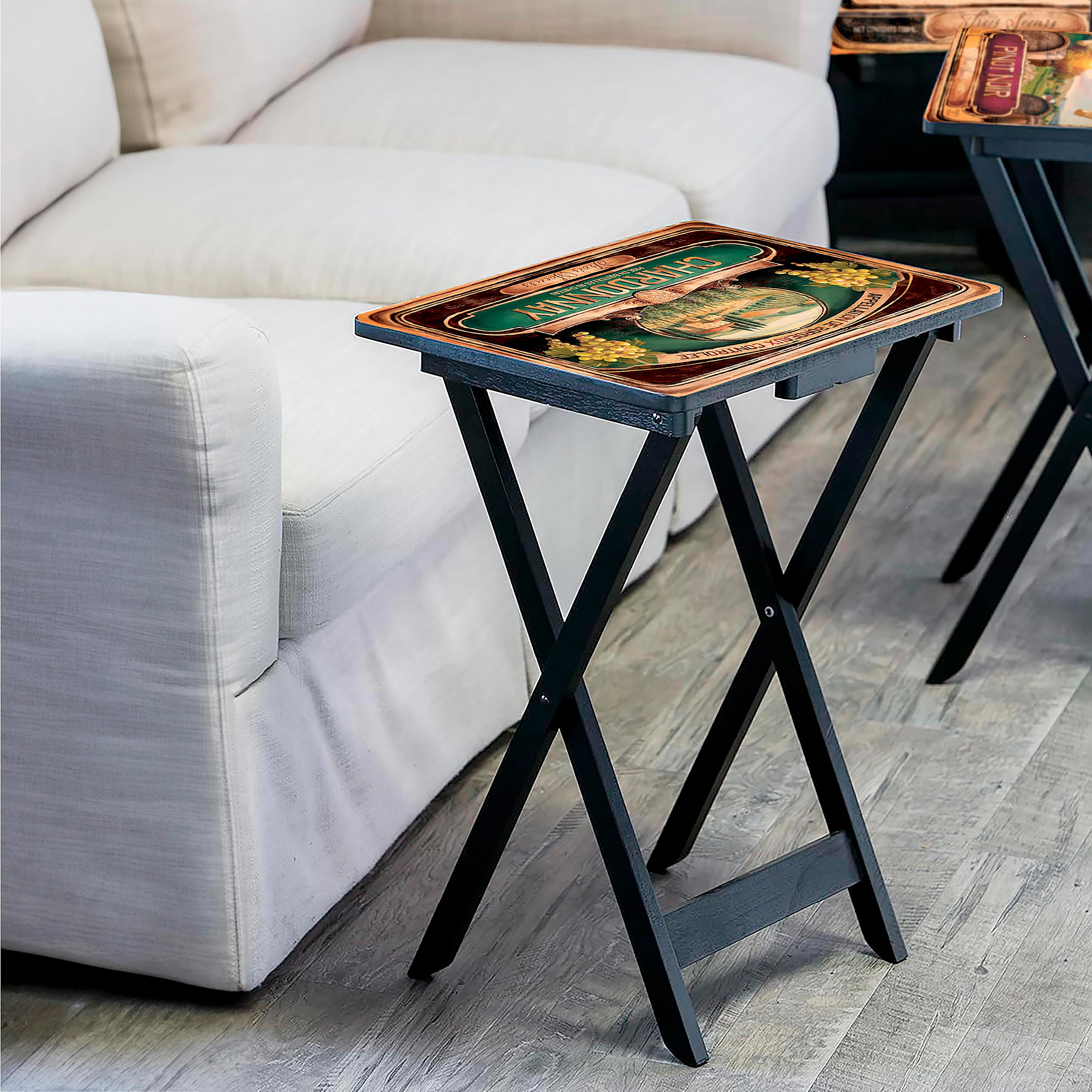 Classic Wine Label Wooden Set of 4 TV Tray Tables with Stand Plow Hearth