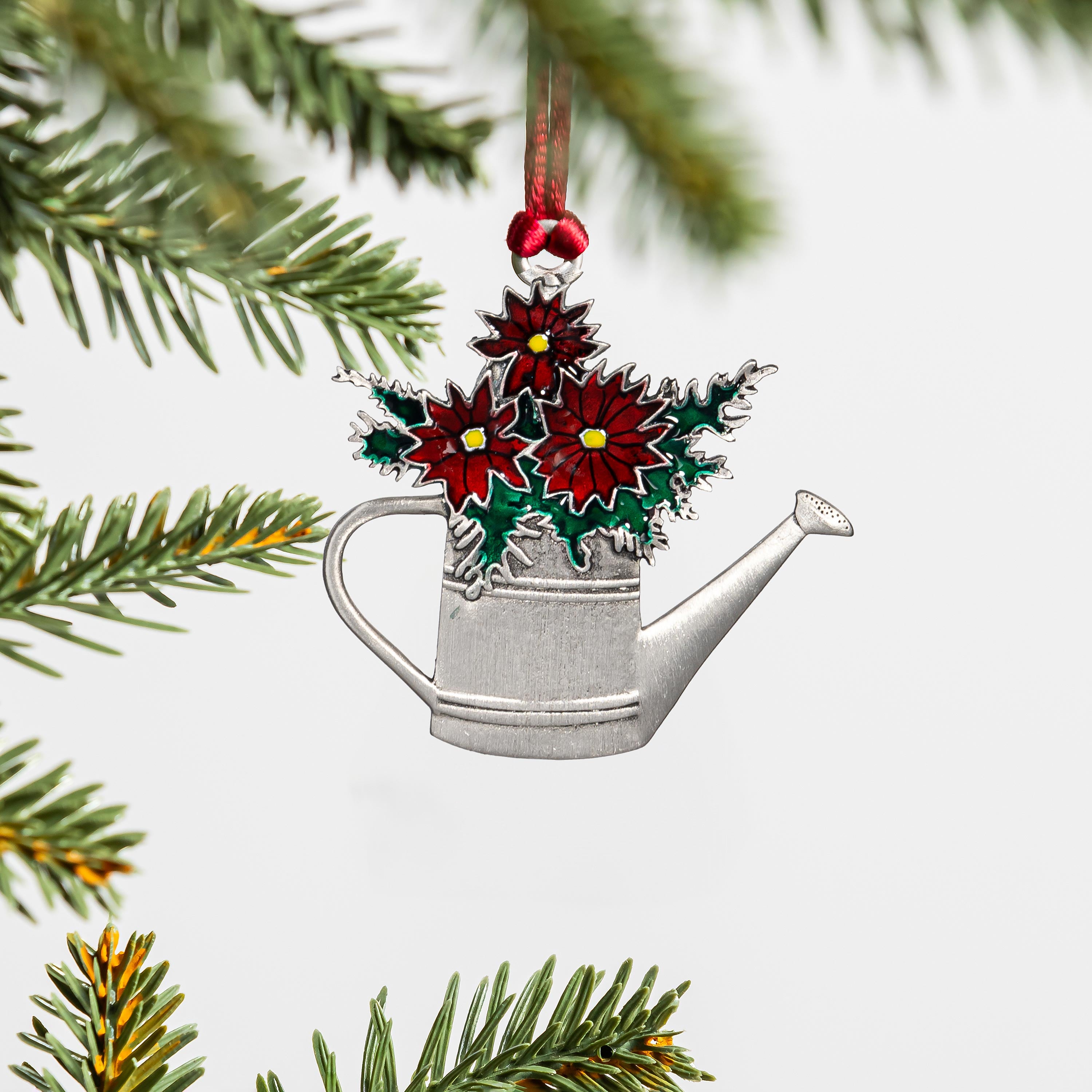 Poinsettia Watering Can Solid Pewter Ornament, 2.5