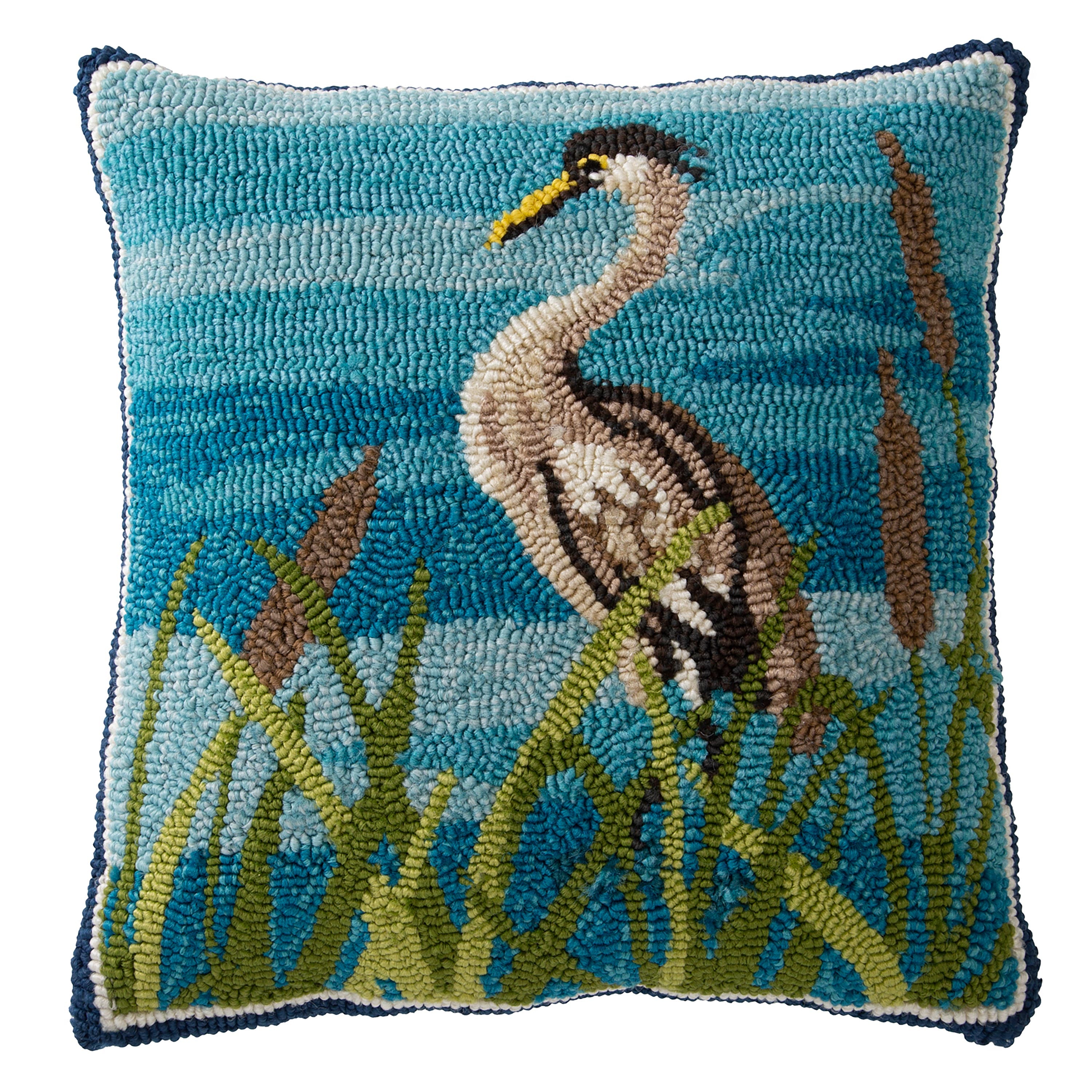 Indoor Outdoor Blue Heron Hooked Polypropylene Throw Pillow Plow Hearth