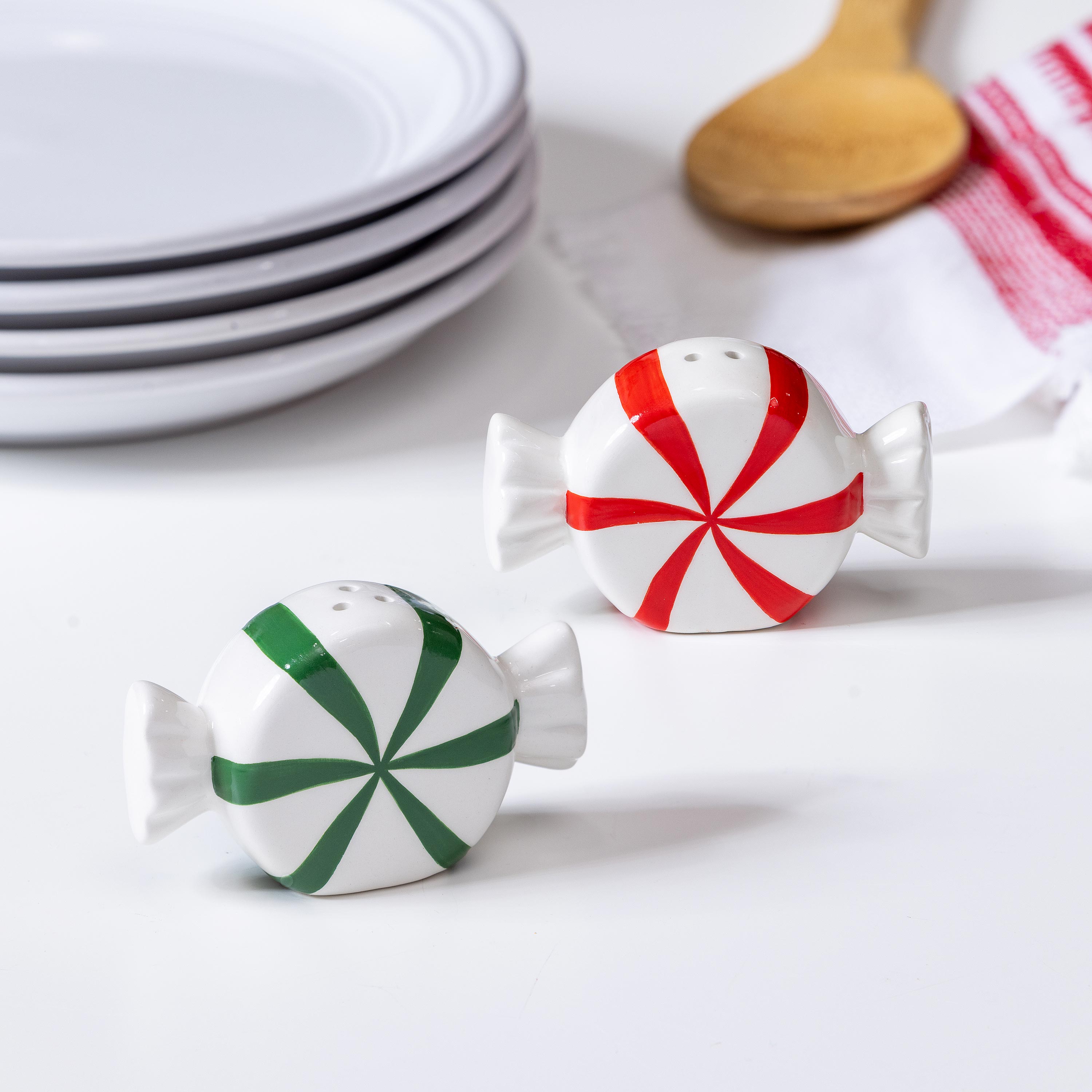 Sugar & Stripes Bright Salt & Pepper Shakers Ceramic Peppermint
