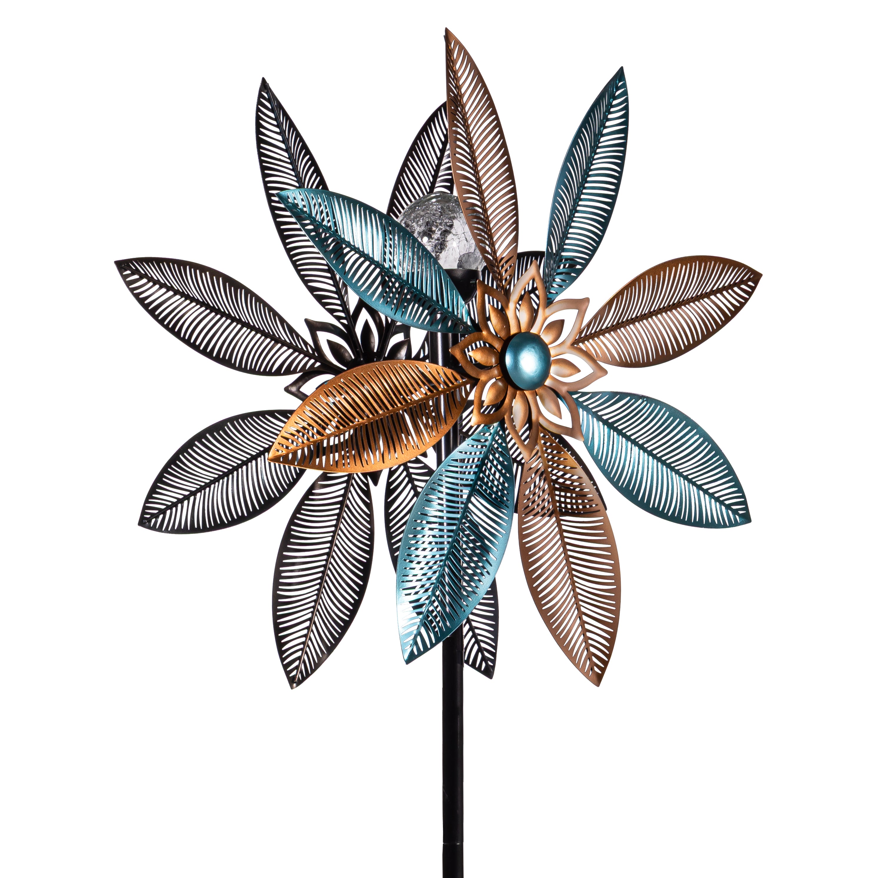Metal Solar Wind Spinner, Copper and Turquoise Pedal Flower, 75