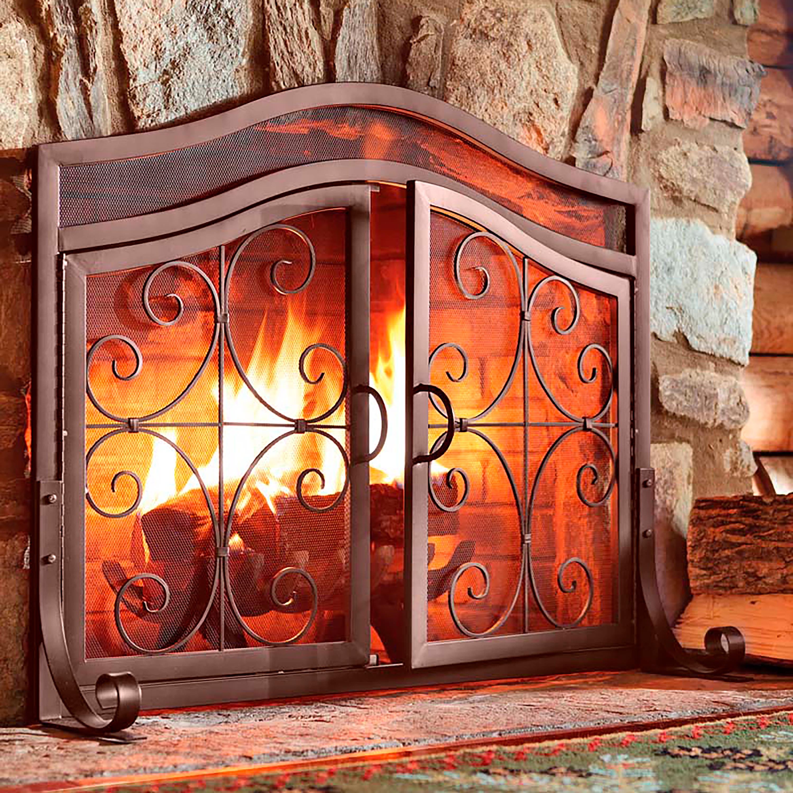 Plow & Hearth - Large shops Cast Iron Scrollwork Fireplace Fire Screen with Doors, 44