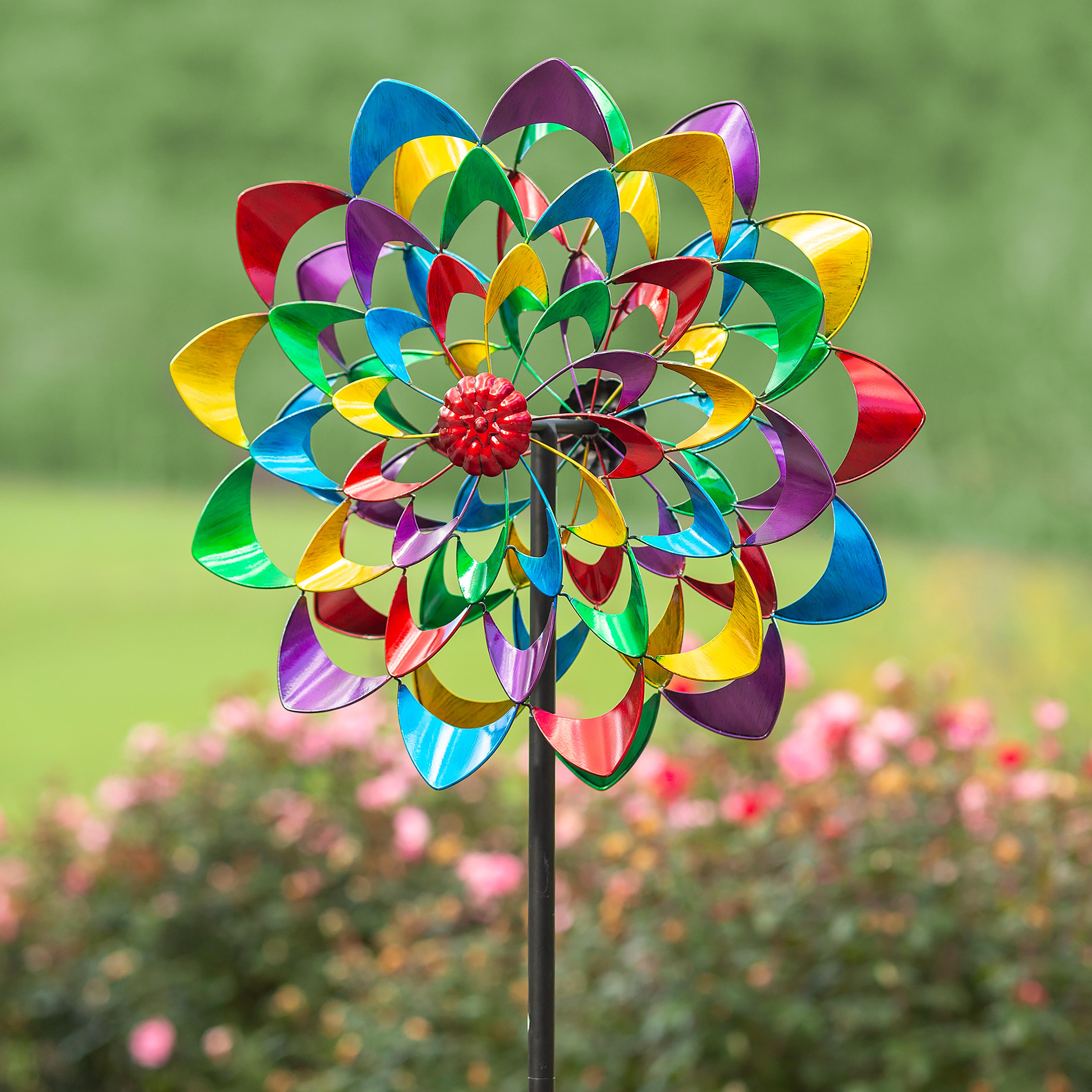 Zinnia Wind Spinner with Dual Rotors Metal Garden Stake – Plow