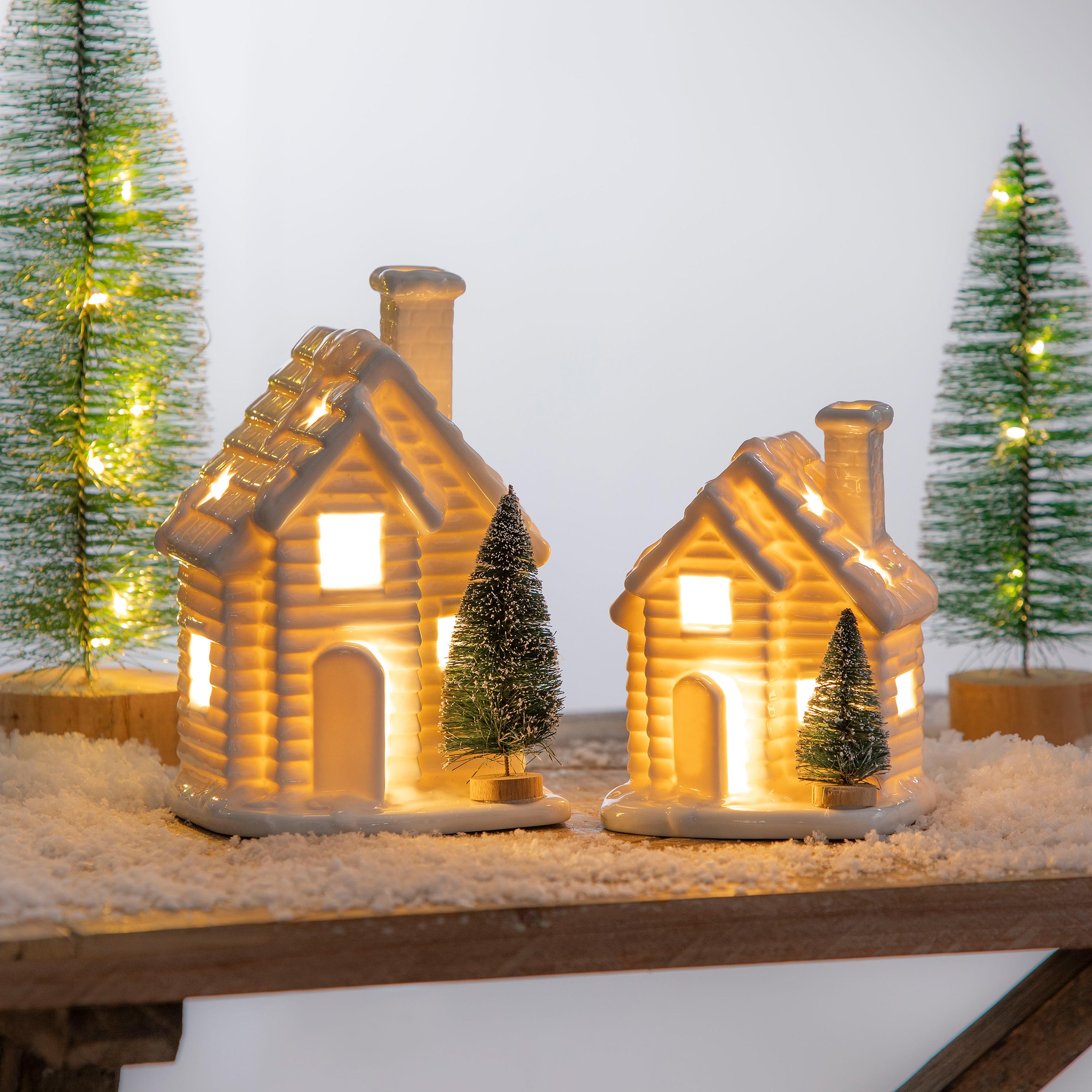 Lighted Houses with Bottle Brush Trees, Set of 2 – Plow & Hearth