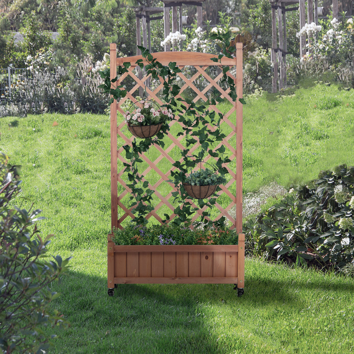 2-Pack Raised Garden Beds with Trellis, Outdoor Wooden Plant Box, and Plant Stand