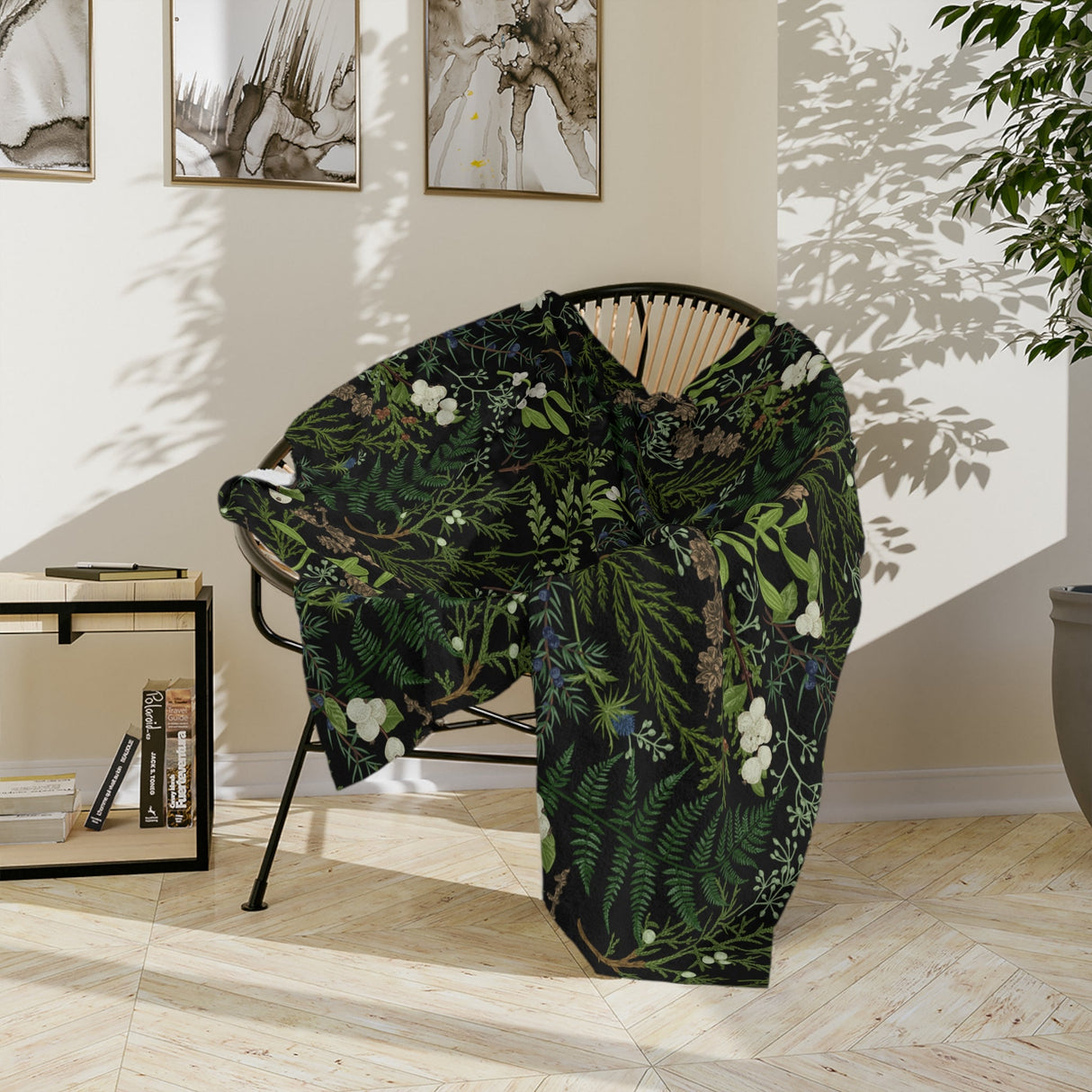 Botanical Throw Blanket With Plants, Fern Leaves Blanket