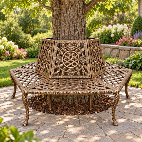 Large Antique Bronze Rose Cast Aluminum Metal Tree Bench