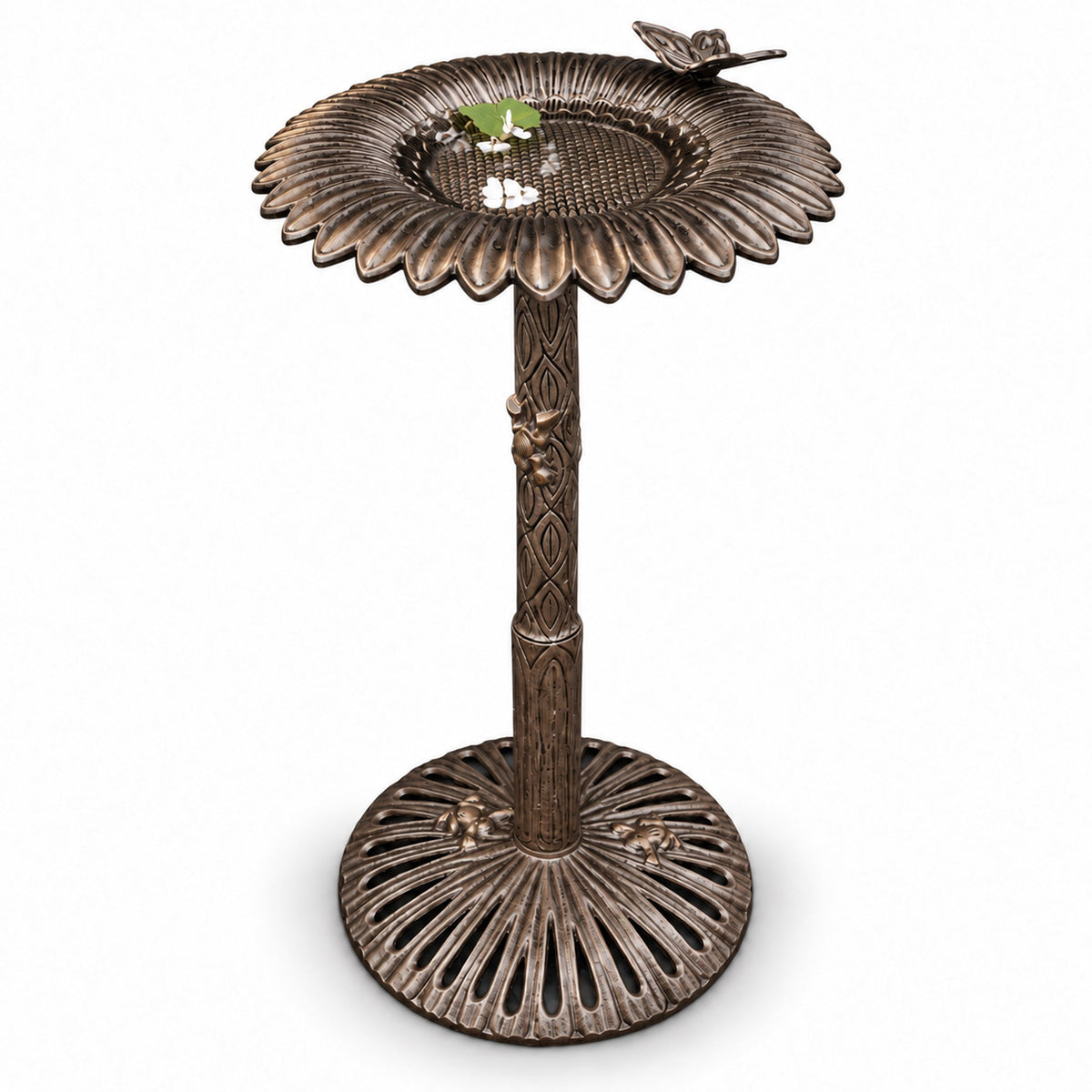Round Cast Aluminum Metal 32-in Bird Bath with Sunflower Butterfly