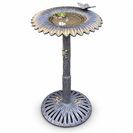 Round Cast Aluminum Metal 32-in Bird Bath with Sunflower Butterfly