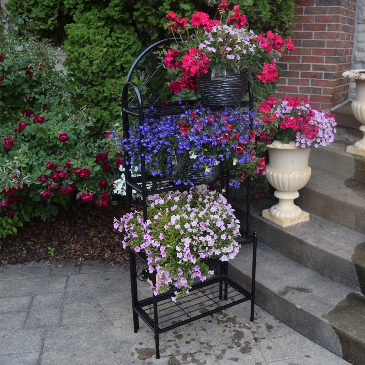 pot plant stand with wheels 4-Tier Black Bakers Rack Plant Stand with Leaves