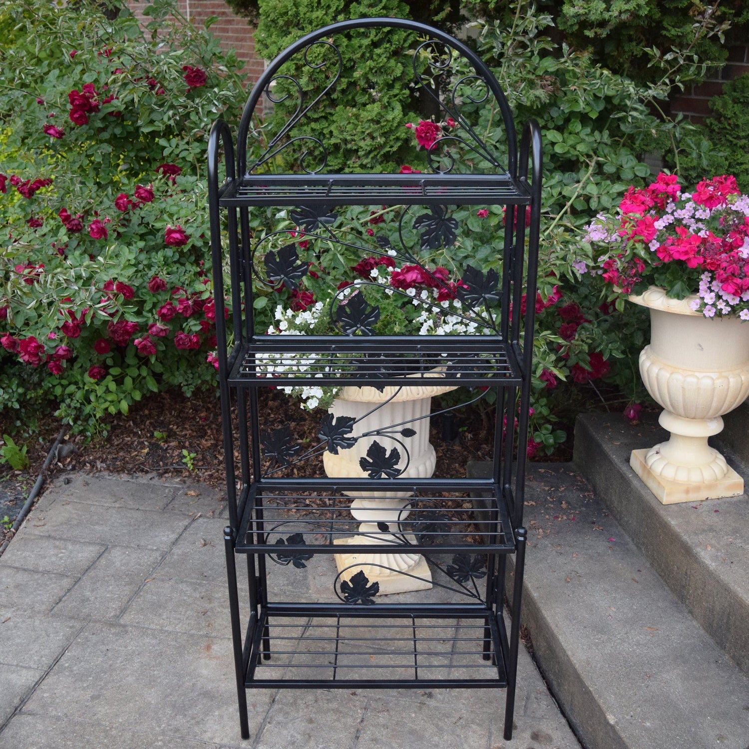 wrought iron bakers rack plant stand 4-Tier Black Bakers Rack Plant Stand with Leaves