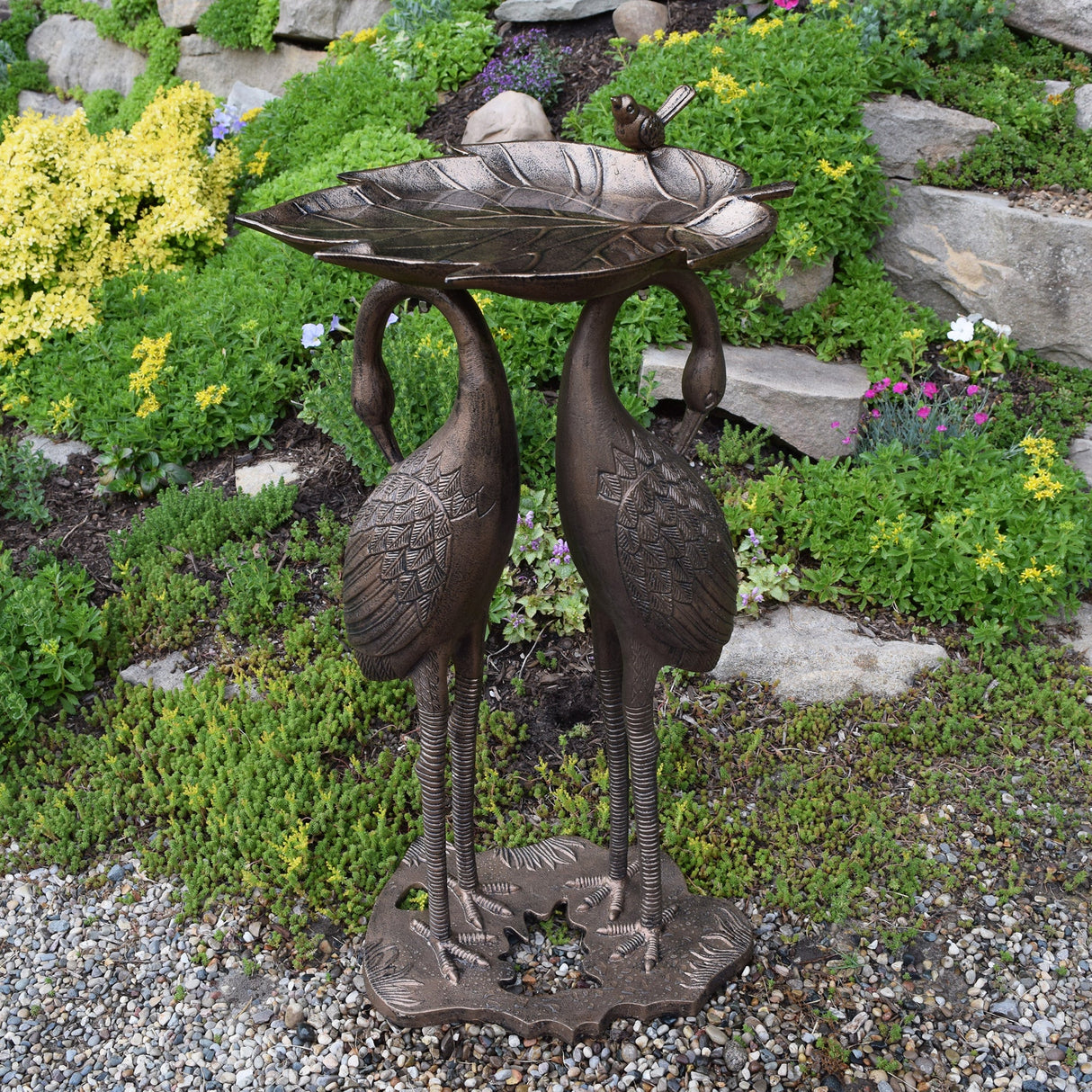 Cast Aluminum 30-in Twin Crane Bird Bath with Leaf Bowl