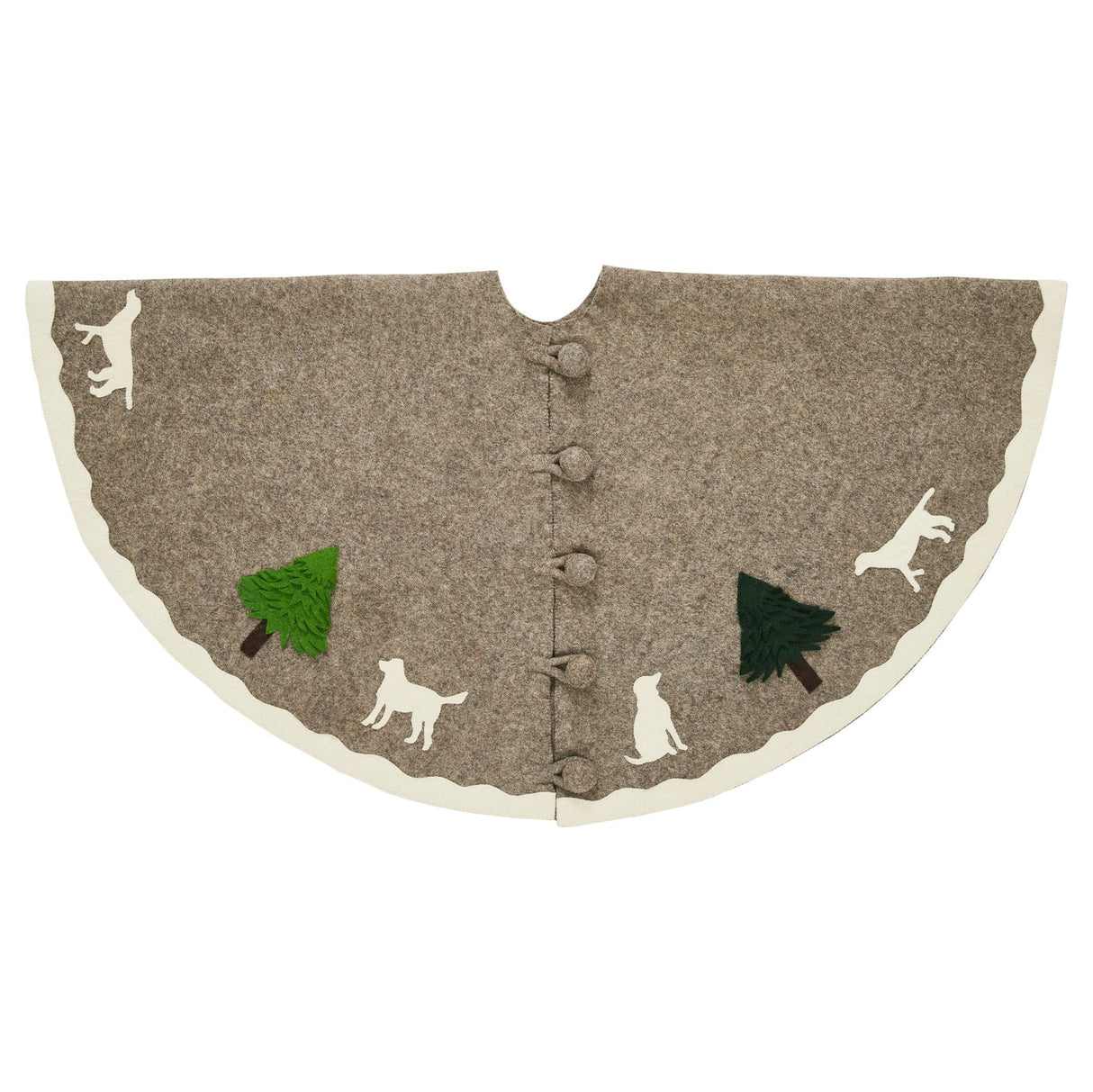 Cream Dogs and Green Trees Christmas Tree Skirt Gray Hand Felted Wool - 60" / 72" Arcadia Home