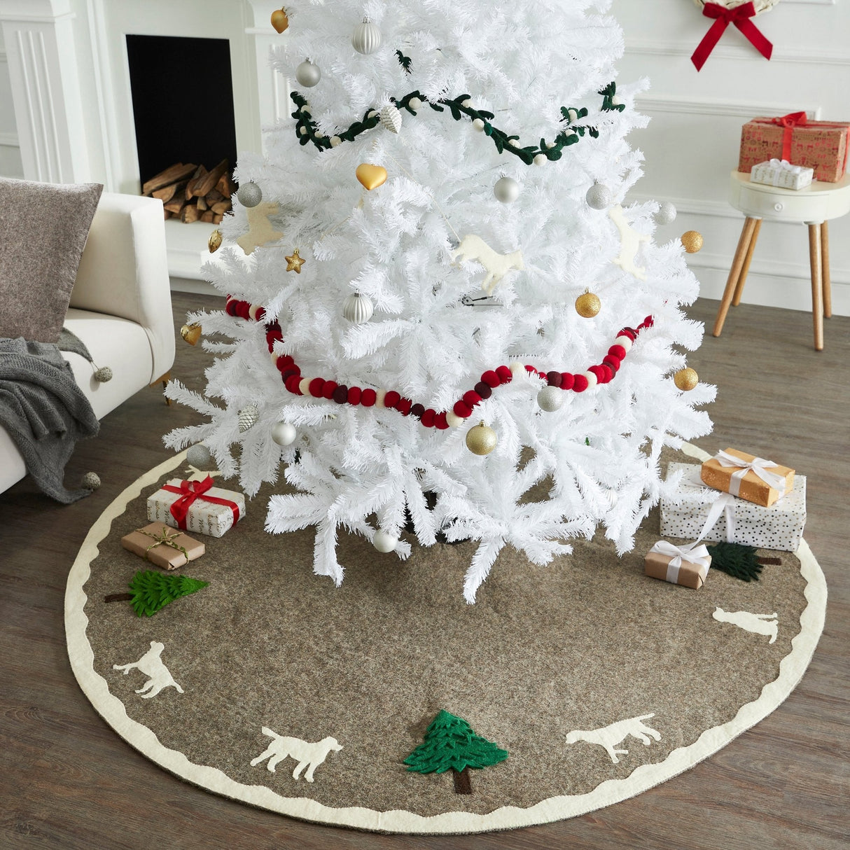 Cream Dogs and Green Trees Christmas Tree Skirt Gray Hand Felted Wool - 60" / 72" Arcadia Home