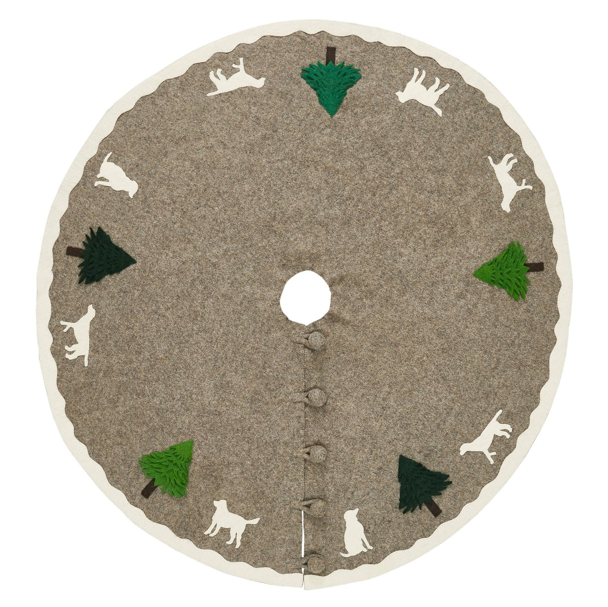 Cream Dogs and Green Trees Christmas Tree Skirt Gray Hand Felted Wool - 60" / 72" Arcadia Home