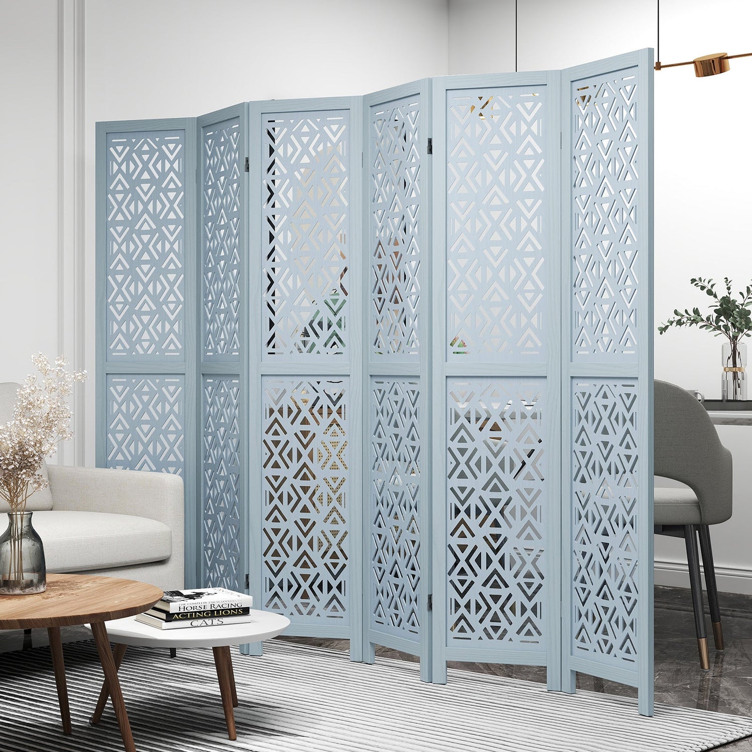 Wooden Room Divider with Carved Cutout Pattern