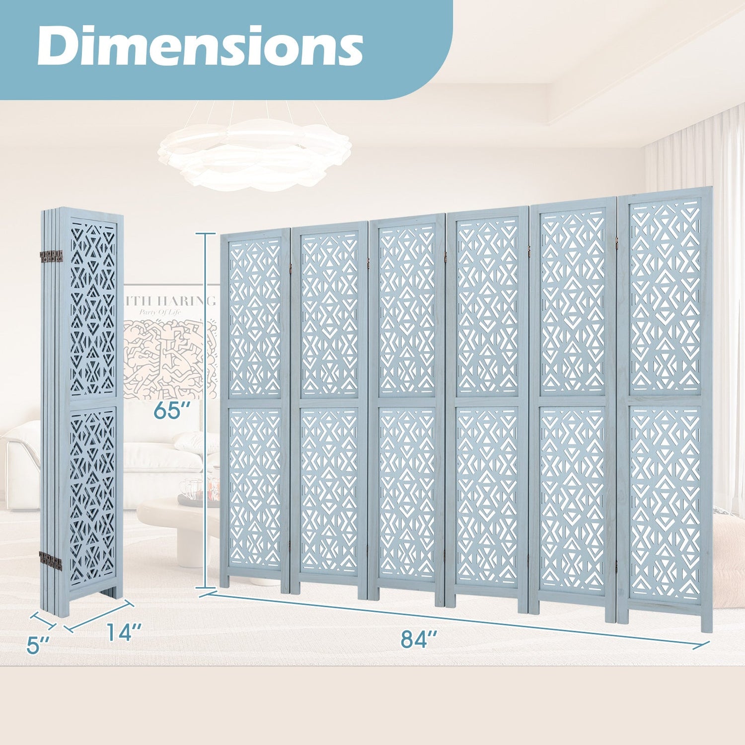Wooden Room Divider with Carved Cutout Pattern