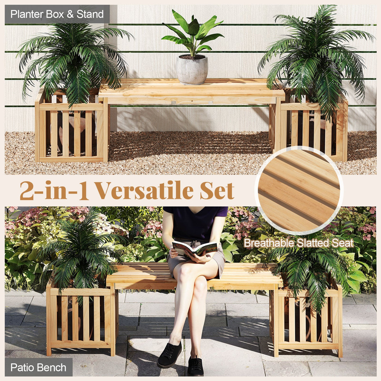 Patio Wooden Bench with Planter