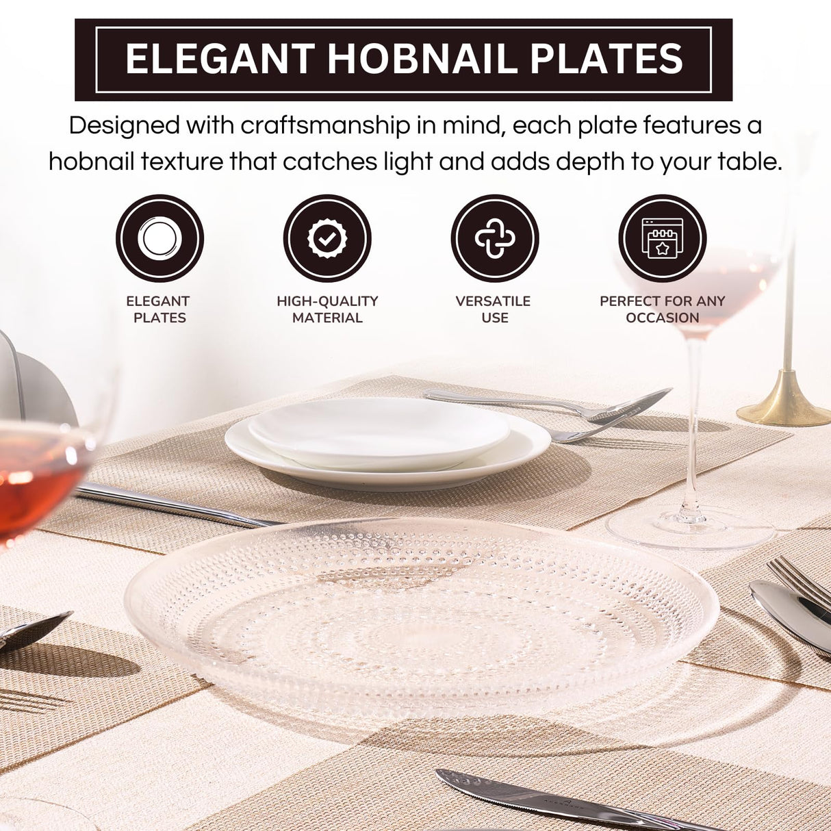 Glass Hobnail Dinner or Charger Plates | Set of 4 | Clear