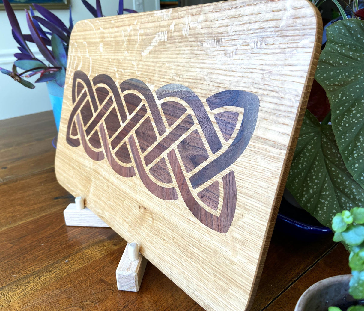 White Oak charcuterie board - complex Celtic knot inlay.