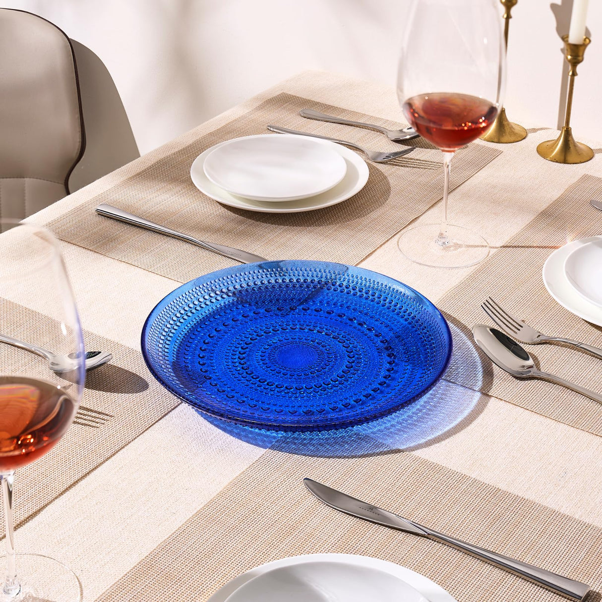 Glass Hobnail Dinner or Charger Plates | Set of 4 | Dark Blue