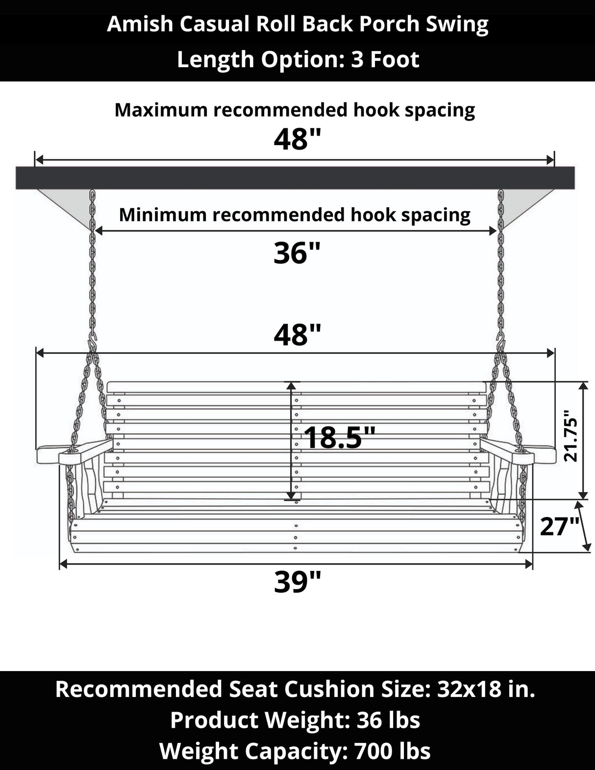 Amish Casual 3 Foot Roll Back Porch Swing in Black Stain
