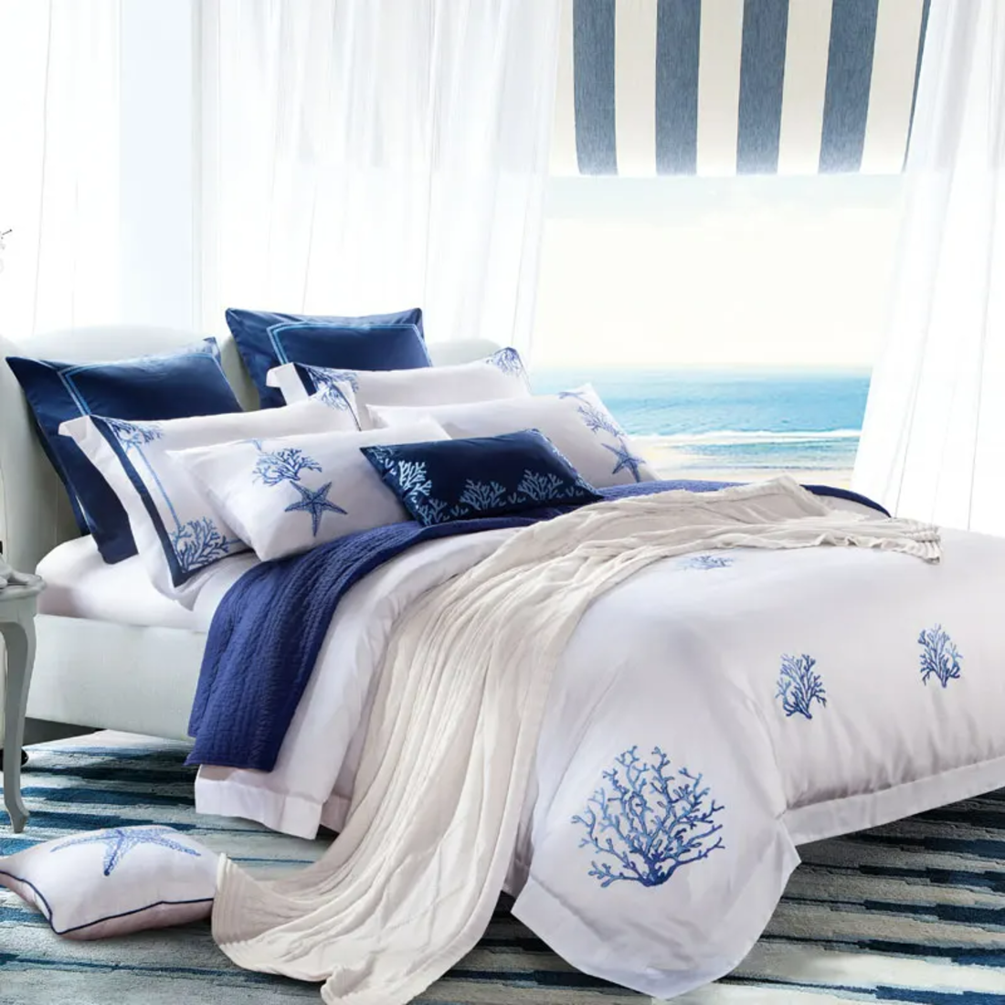 Blue Egyptian Cotton Embroidered Tribute Silk Bedding Set