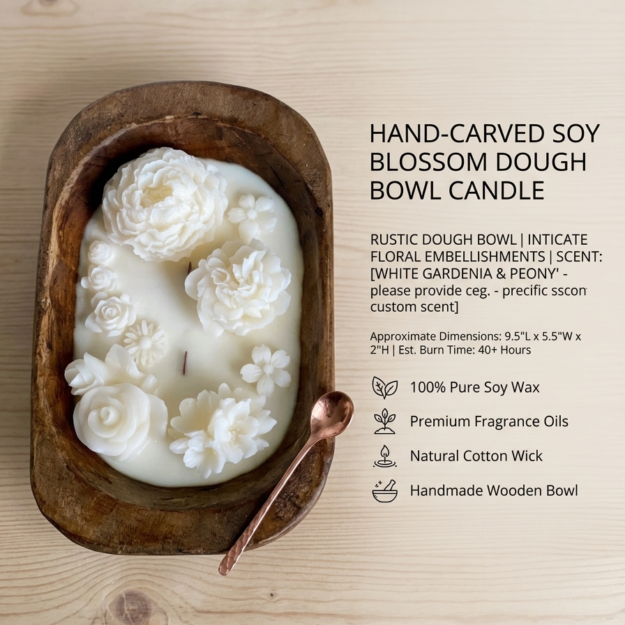 Dough Bowl Candle | Carved Wood Bowl | Floral Candle