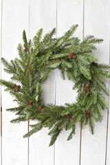 24" Faux Green Spruce Real Touch Wreath w/Faux Pinecones